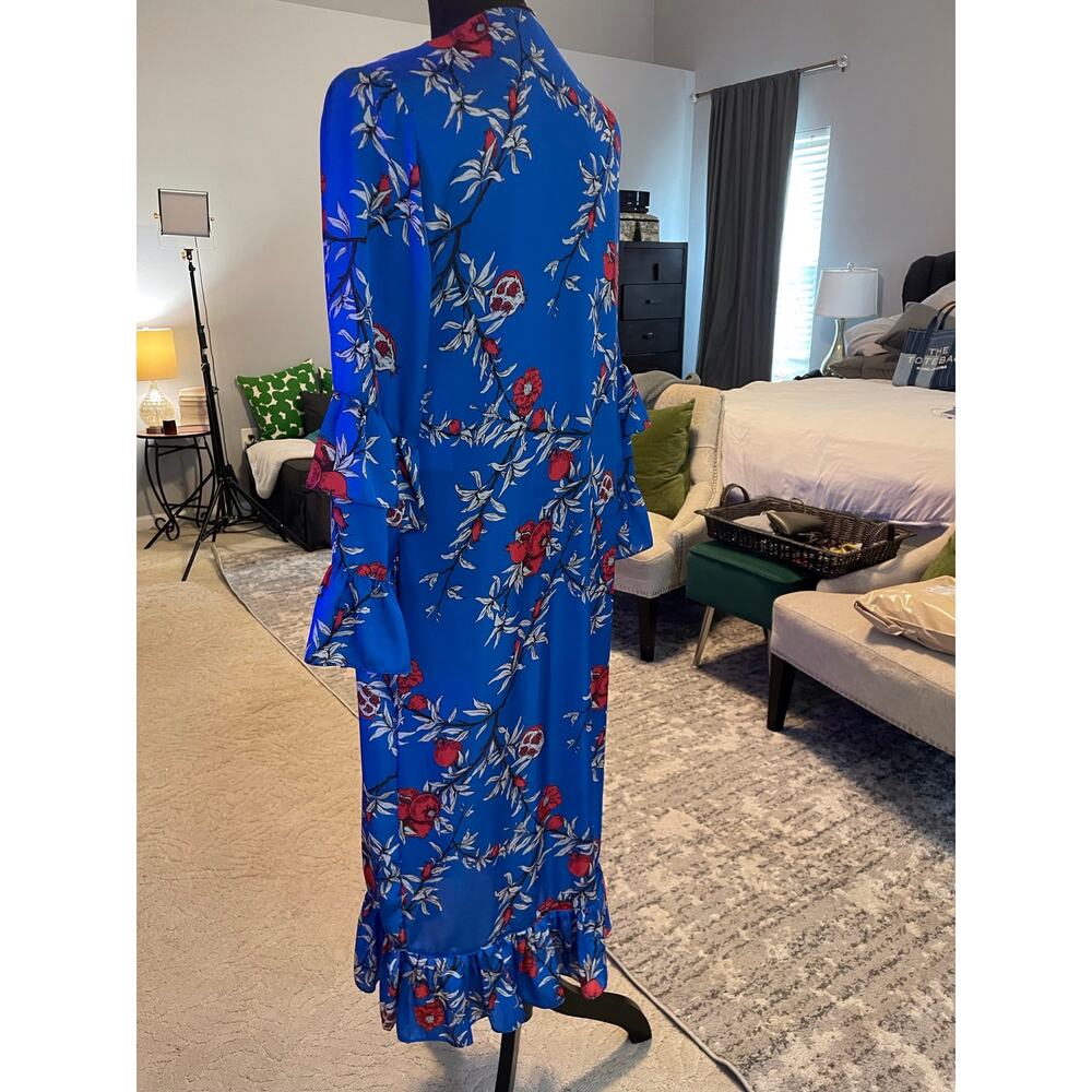 Lobo Rosa Blue Floral Maxi Kimono Duster M Double Flutter Sleeve Ruffle Hem Boho - Picture 5 of 7